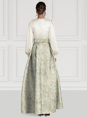 A-Line Mother Of The Bride Dress Floral High Split Evening Gown Formal Wedding Guest Floor Length Long Sleeve V Neck Belt / Sash Satin with Slits