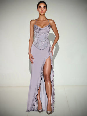 Sheath/Column Long Prom Dress Corset Satin Smiple Formal Dresses Spaghetti Straps Floor-length With Side Split