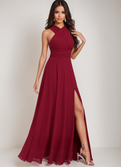 A-Line/Princess  Halter One Shoulder V-Neck Floor-Length Chiffon Bridesmaid Dress