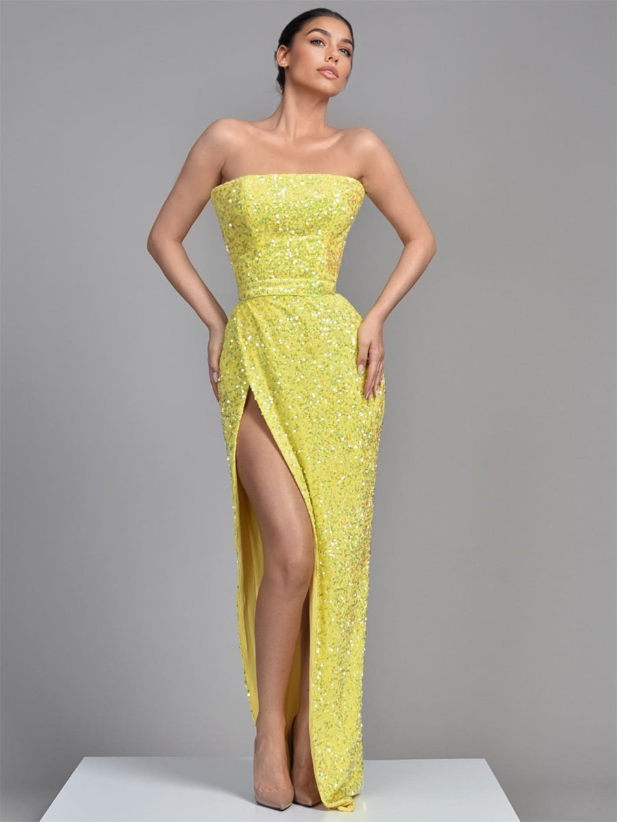 Sheath/Column Sequins Sweetheart Sleeveless Floor-Length High Side Split&Pleats Evening Dress With Back Lace-Up