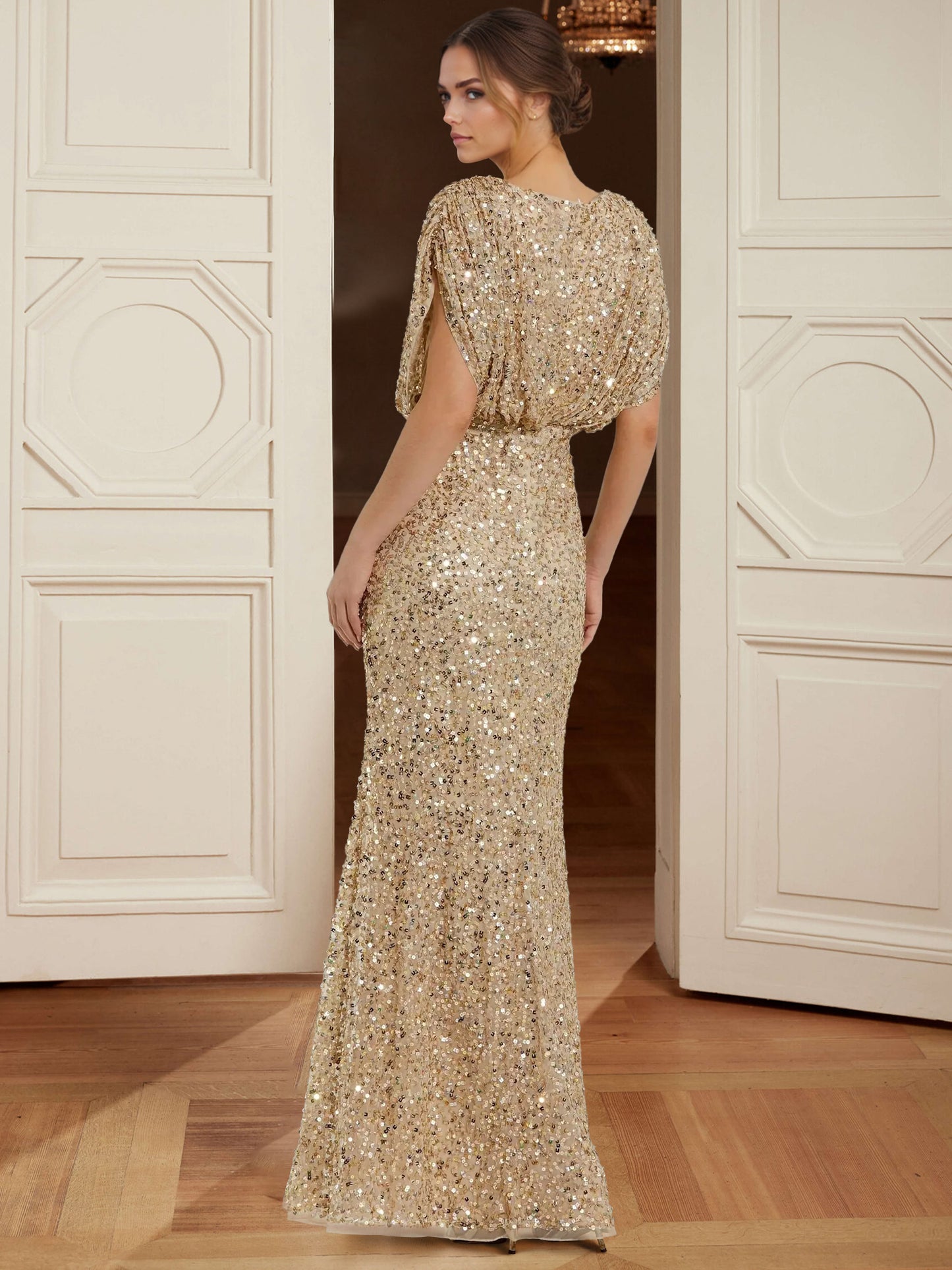 Sheath/Column Sequined Evening Dress Sparkle V Neck Sleeveless Floor-Length Elegant Formal Dress With Ruched