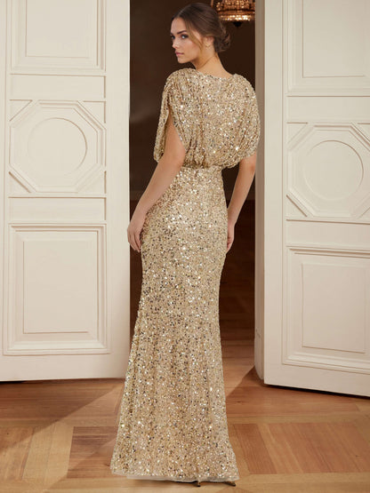 Sheath/Column Sequined Evening Dress Sparkle V Neck Sleeveless Floor-Length Elegant Formal Dress With Ruched