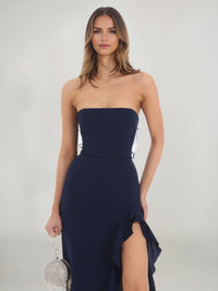 Sheath/Column Wedding Guest Dresses Off The Shoulder Sleeveless Ankle Length Back Bow Prom Dress With Side Split Ruffle