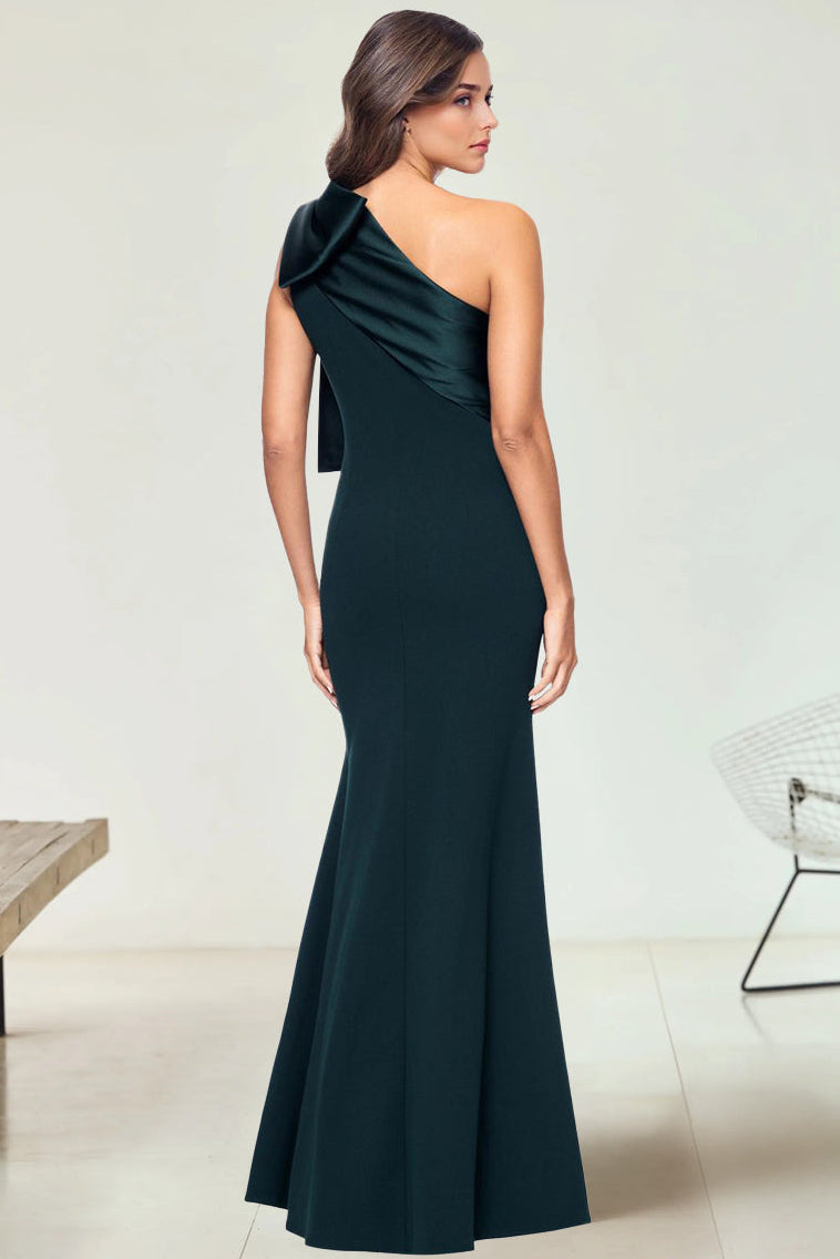 Sheath/Column Evening Dress Stretch Crepe & Satin Bow One-Shoulder Sleeveless Floor-Length Wedding Guest Dresses