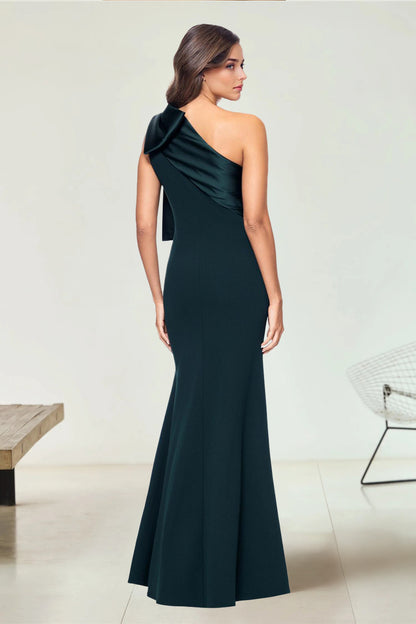 Sheath/Column Stretch Crepe & Satin Bow One-Shoulder Sleeveless Floor-Length Evening/Wedding Guest Dresses