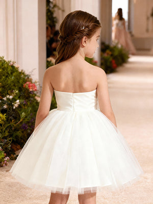 A-Line/Princess Flower Girl Dresses Tulle Birthday Dresses Strapless Sleeveless Knee-Length Party Dresses With Bow