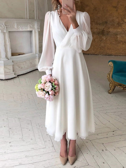 A-Line/Princess Little White Dresses For Formal/Wedding Dresses V-Neck Long Sleeves Ankle-Length Chiffon Daily Dresses With Pleats&Back Zipper