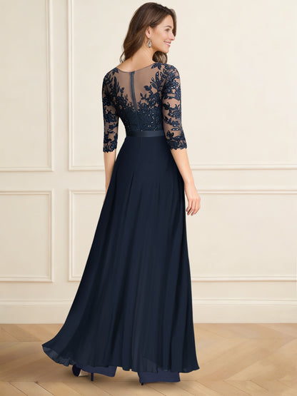 A-Line Mother of the Bride Jumpsuit Chiffon Appliques Elegant V-Neck Half Sleeves Floor-Length With Detachable Overskirt