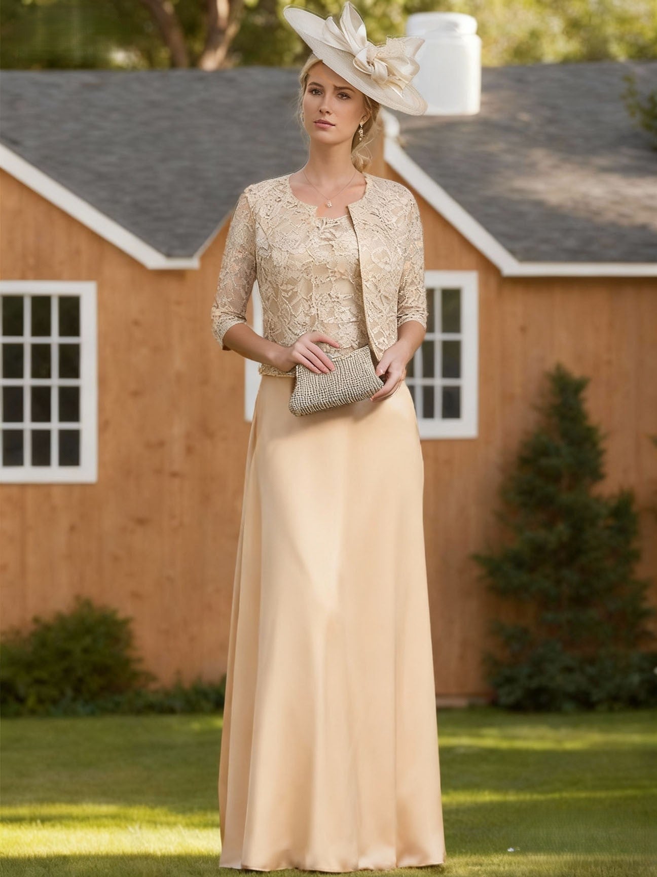 Sheath/Column Chiffon Floor Length 1/2 Sleeves Scoop Lace Mother of the Bride Dresses