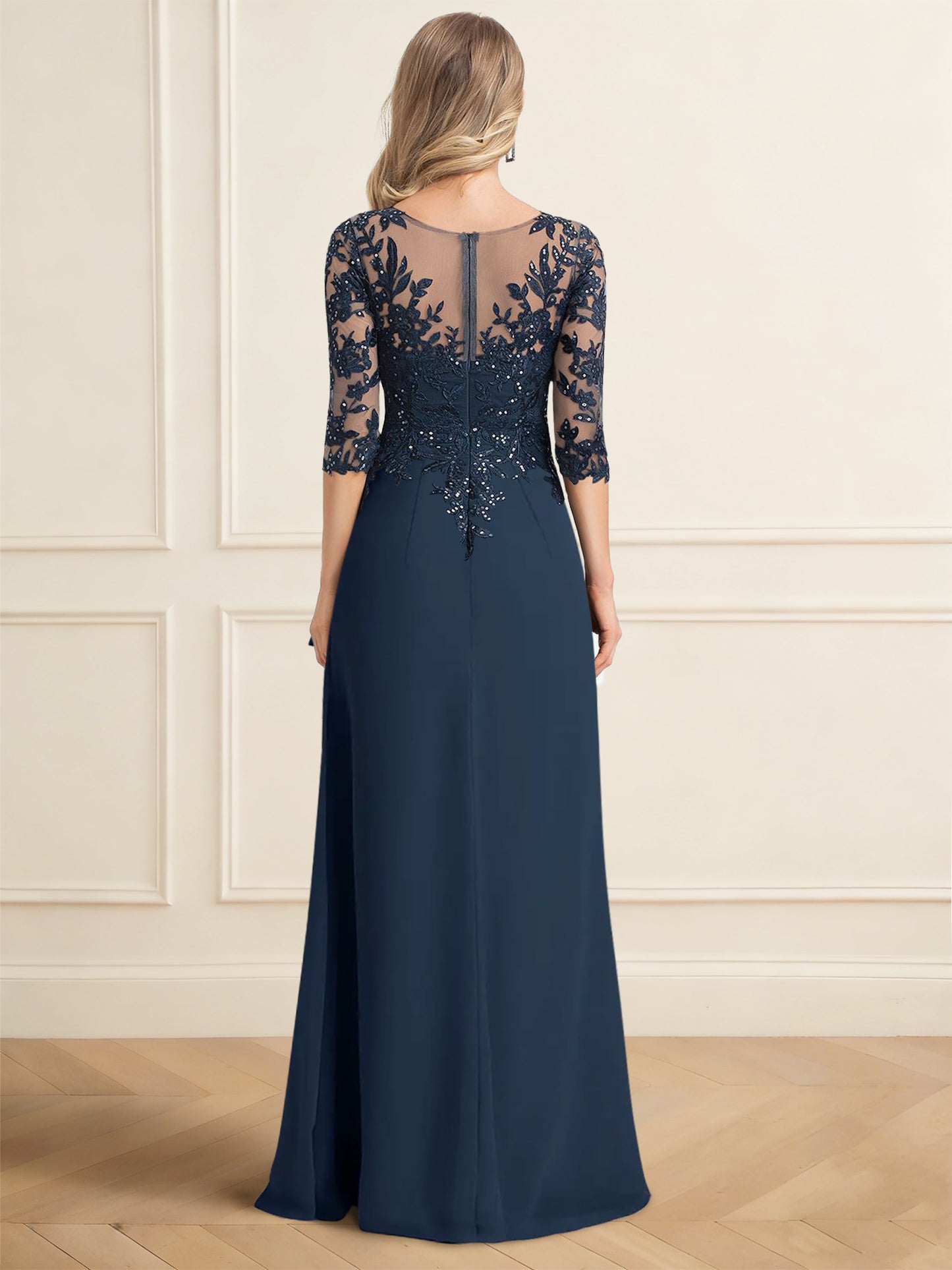 A-Line/Princess Mother of the Bride Dresses Chiffon Appliques Elegant Dress V-Neck Half Sleeves Floor-Length With Sequins Ruched