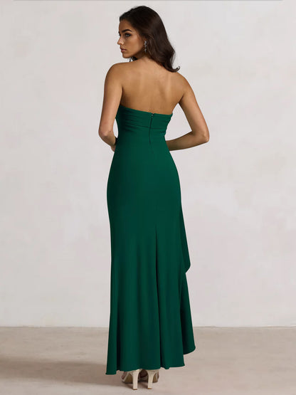 Sheath/Column Prom Dresses Off The Shoulder Sleeveless Ankle Length Wedding Guest Dress With Side Slit Ruffle