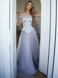 A-Line/Princess Tulle Long Prom Dresses Corset Sweetheart&One-Shoulder Sleeveless Floor-length With Back Zipper