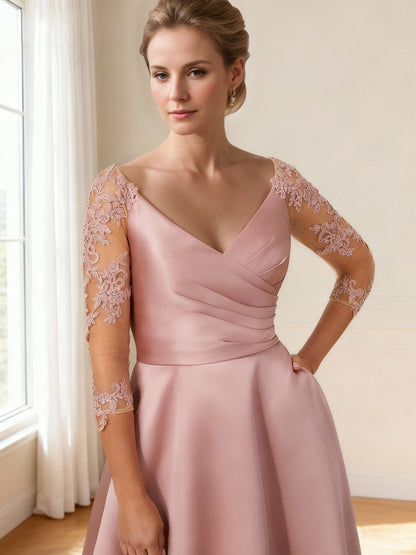 A-Line/Princess Mother Of The Bride Dress V Neck Long Sleeves Floor-Length Satin Formal Dress With Appliques Pocket