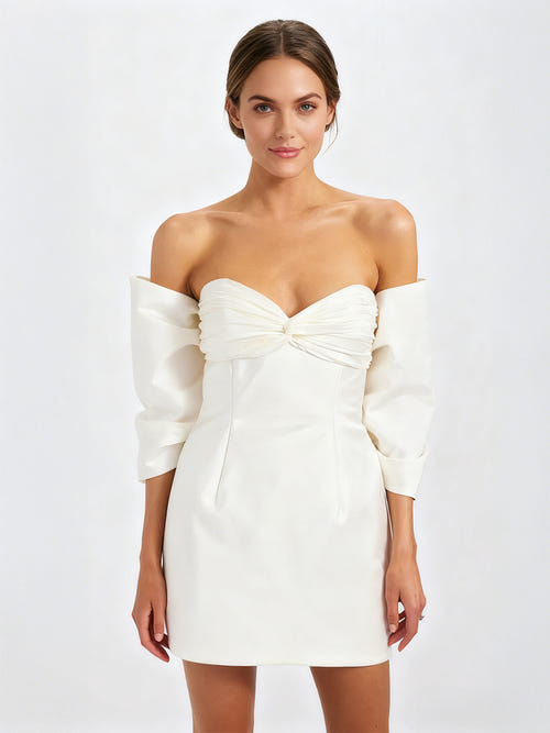 A-Line/Princess Little White Dresses Taffeta Party Dresses Sweetheart Sleeveless Short/Mini Wedding Dress With Big Bow