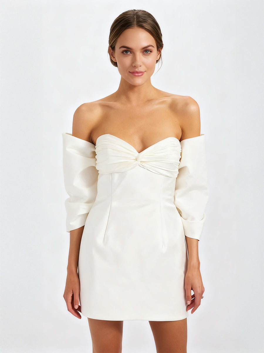 A-Line/Princess Little White Dresses Taffeta Party Dresses Sweetheart Sleeveless Short/Mini Wedding Dress With Big Bow