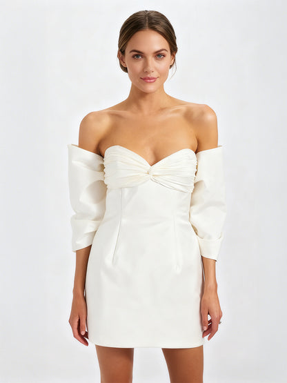 A-Line/Princess Little White Dresses Taffeta Party Dresses Sweetheart Sleeveless Short/Mini Wedding Dress With Big Bow