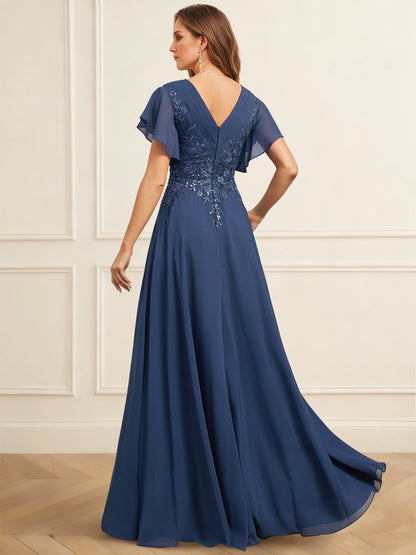 A-Line Mother of the Bride Dresses Chiffon Elegant Dress V Neck Short Sleeves Floor-Length With Sequins Appliques