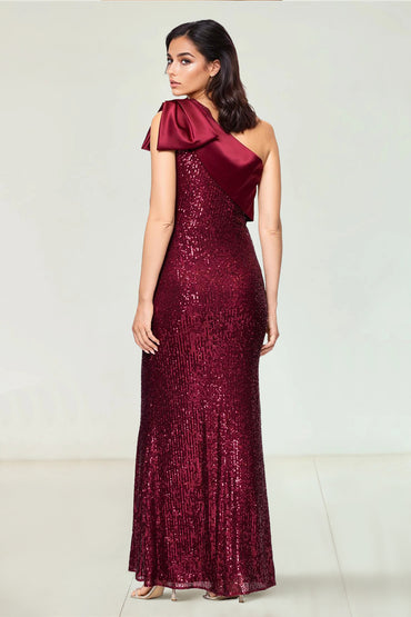 Sheath/Column Sequin & Satin Bow One-Shoulder Sleeveless Floor-Length Evening  Dresses