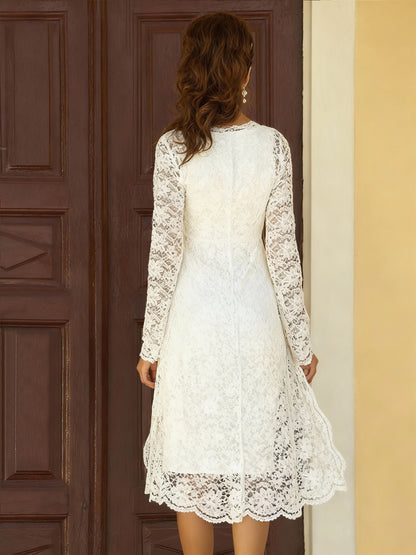 A Line 2 Pieces Mother of the Bride Dresses Chiffon Elegant Dress V Neck Long Sleeves Tea Length Lace