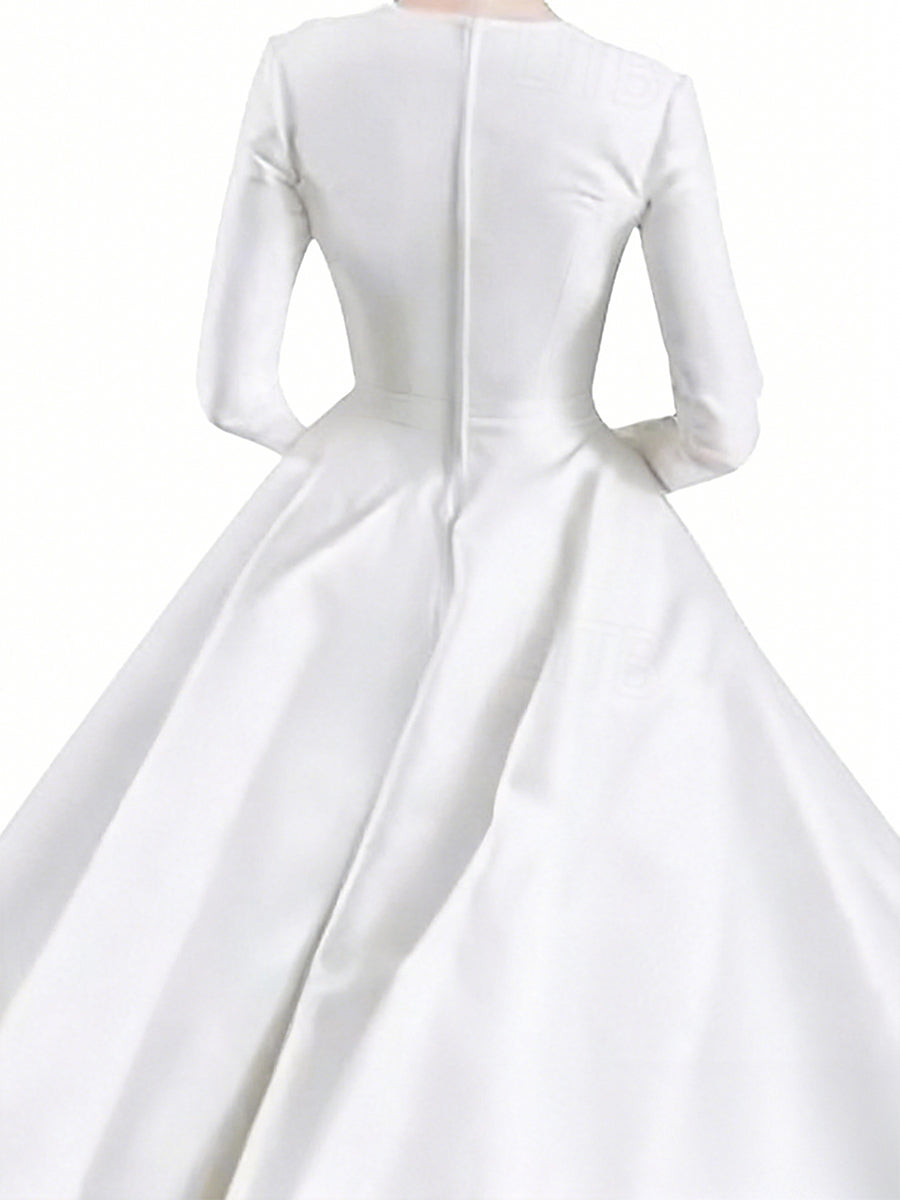 Ball Gown Little White Dresses For Formal/Wedding Dresses Jewel Neck Long Sleeves Tea Length Satin Cocktail Dresses With Pleats