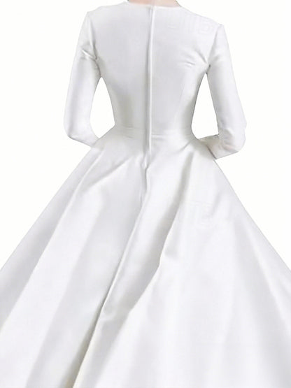 Ball Gown Little White Dresses For Formal/Wedding Dresses Jewel Neck Long Sleeves Tea Length Satin Cocktail Dresses With Pleats