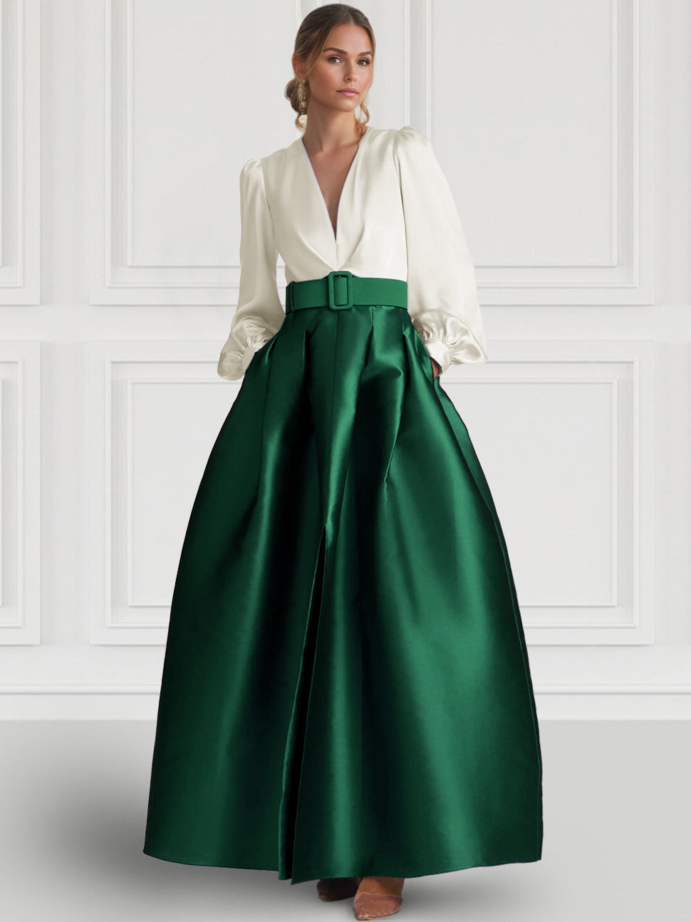 A-Line Evening Gown High Split Dress Formal Wedding Guest Floor Length Long Sleeve V Neck Belt / Sash Satin with Pleats Slit