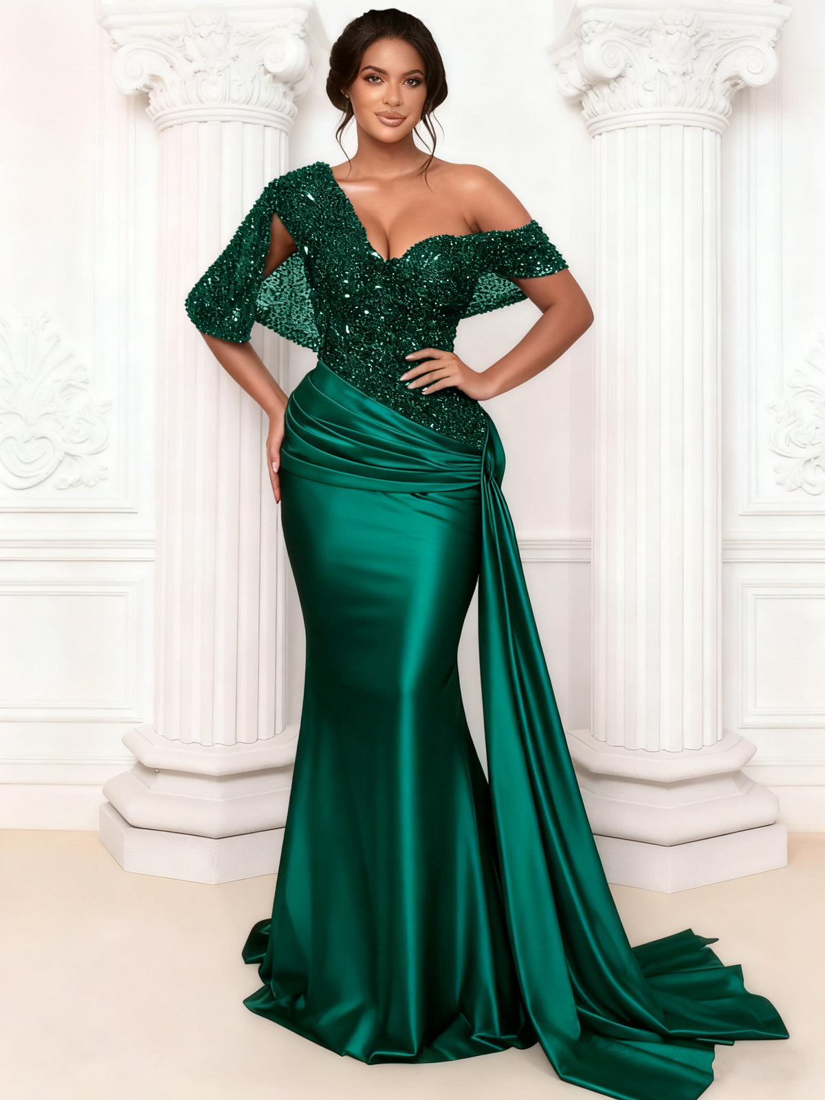 Nafori Emerald Green Trumpet/Mermaid One Shoulder Sleeveless Floor-Length Wedding Guest Dresses With Sequined 2026