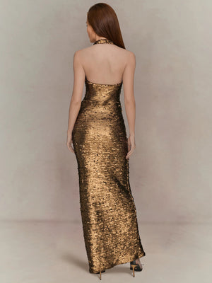 Sheath/Column Evening Dress Sequin Halter Sleeveless Floor-Length Party Dresses With Side Split
