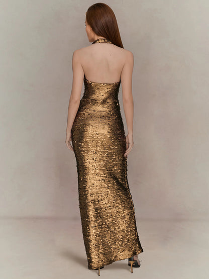 Sheath/Column Sequin Halter Sleeveless Floor-Length Party Dresses With Side slit