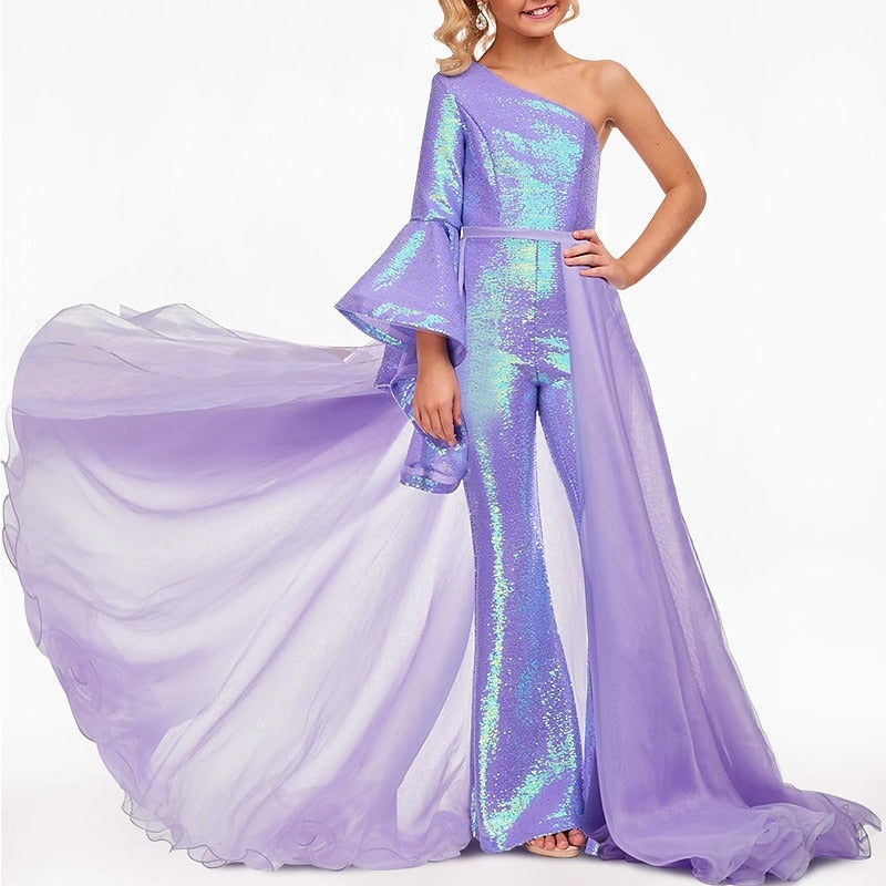Jumpsuits Flower Girl Dress Sequin One-Shoulder Floor Length Juniors Cute Party Dresses Fit 3-16 Years Old
