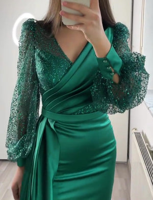 Mermaid Sequin Evening Gown Ruched Satin Dress Long Sleeves Floor Length V Neck with Sequins Overskirt Prom