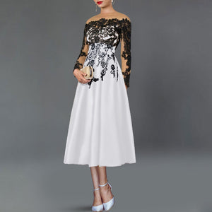 A Line  Mother Of The Bride Dresses Elegant Cocktail Dress Color Block Kentucky Tea Length Long Sleeve Off Shoulder Stretch Fabric with Appliques