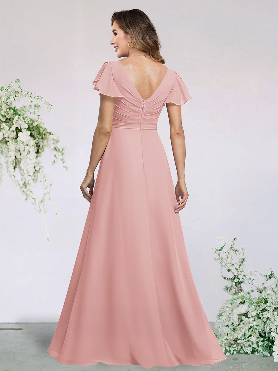 A-Line/Princess Chiffon Bridesmaid Dresses Wedding Dress V-Neck Flying Sleeves Floor-Length With Ruffles