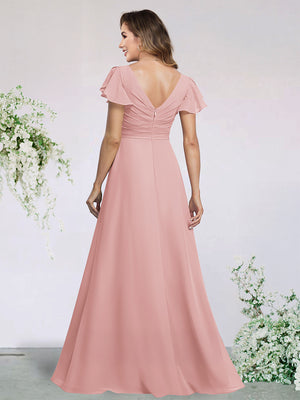 A-Line/Princess Chiffon Bridesmaid Dresses Wedding Dress V-Neck Flying Sleeves Floor-Length With Ruffles