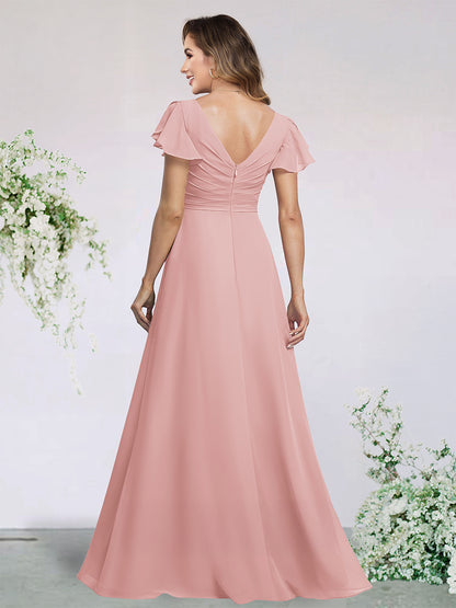A-Line/Princess Chiffon Bridesmaid Dresses Wedding Dress V-Neck Flying Sleeves Floor-Length With Ruffles