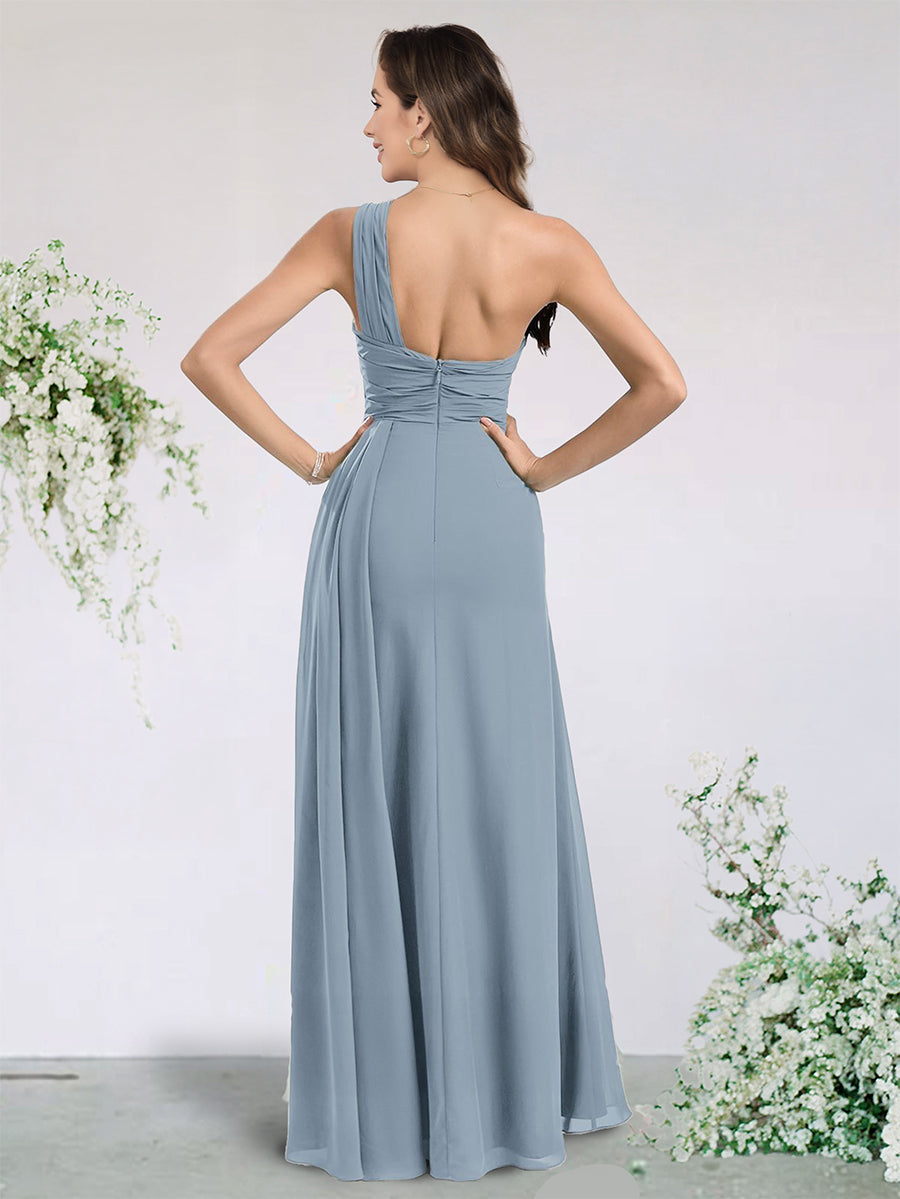 A-Line/Princess Chiffon Bridesmaid Dresses Wedding Dress One-Shoulder Sleeveless Floor-Length With Side Split&Pleats