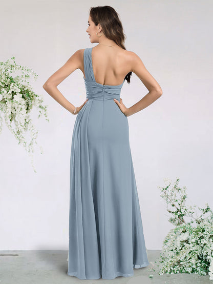 A-Line/Princess Chiffon Bridesmaid Dresses Wedding Dress One-Shoulder Sleeveless Floor-Length With Side Split&Pleats