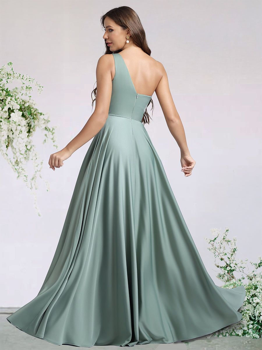 A-Line/Princess Satin Bridesmaid Wedding Dresses One-Shoulder Sleeveless Floor-Length With Pocket&Pleats