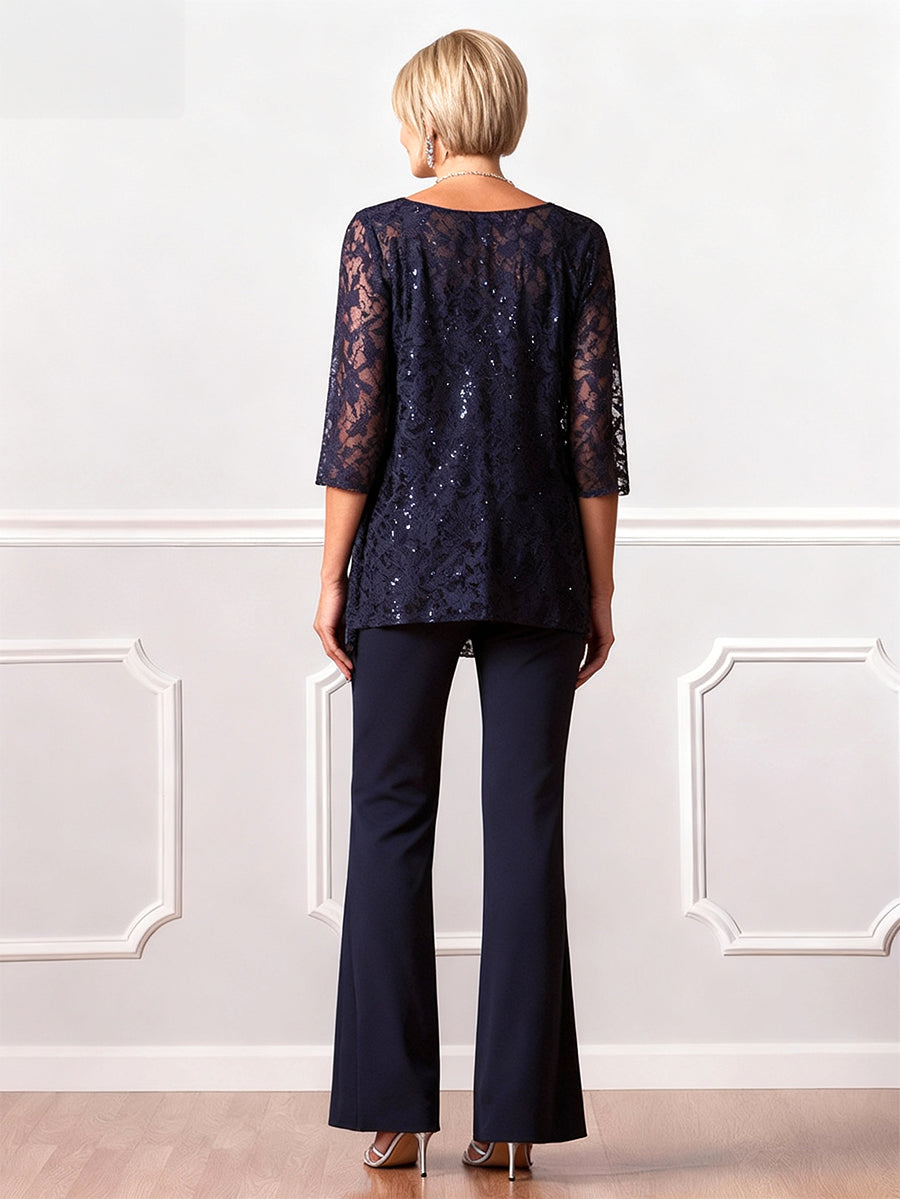 Chiffon Mother of the Bride Pantsuits 3 Pieces Scoop Neck Floor-Length With Jacket&Appliques Lace