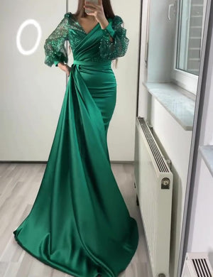 Mermaid Sequin Evening Gown Ruched Satin Dress Long Sleeves Floor Length V Neck with Sequins Overskirt Prom