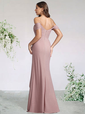 A-Line/Princess Spandex Bridesmaid Dresses For Wedding Sweetheart&Off-the-Shoulder Sleeveless Floor-Length With Pleats&Side Split