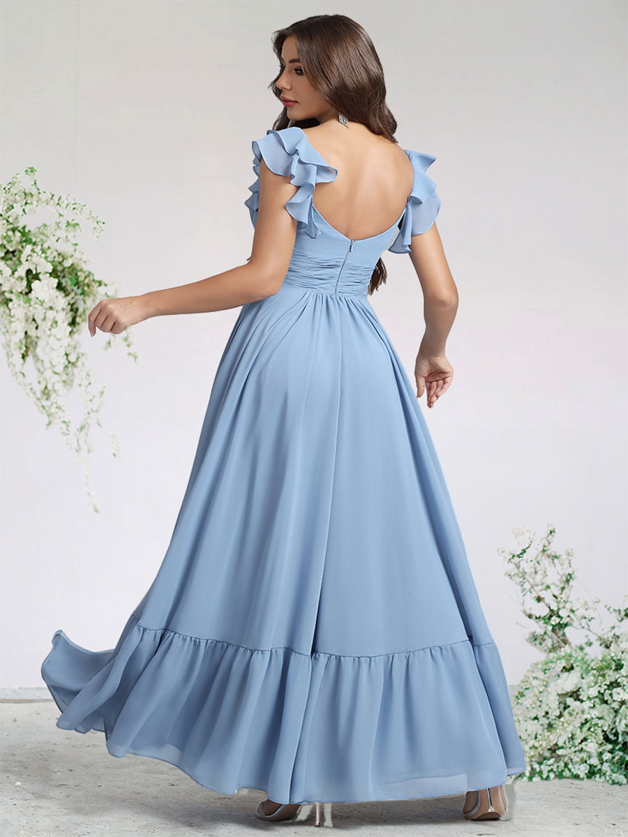 A-Line/Princess Chiffon Bridesmaid Dresses For Wedding V-Neck Flying Sleeves Ankle-Length With Ruffle&Side Split
