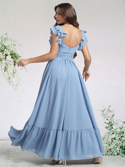 A-Line/Princess Chiffon Bridesmaid Dresses For Wedding V-Neck Flying Sleeves Ankle-Length With Ruffle&Side Split