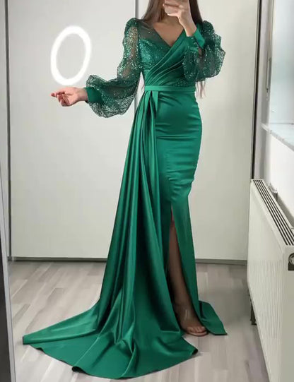 Mermaid Sequin Evening Gown Ruched Satin Dress Long Sleeves Floor Length V Neck with Sequins Overskirt Prom