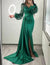 Mermaid Sequin Evening Gown Ruched Satin Dress Long Sleeves Floor Length V Neck with Sequins Overskirt Prom