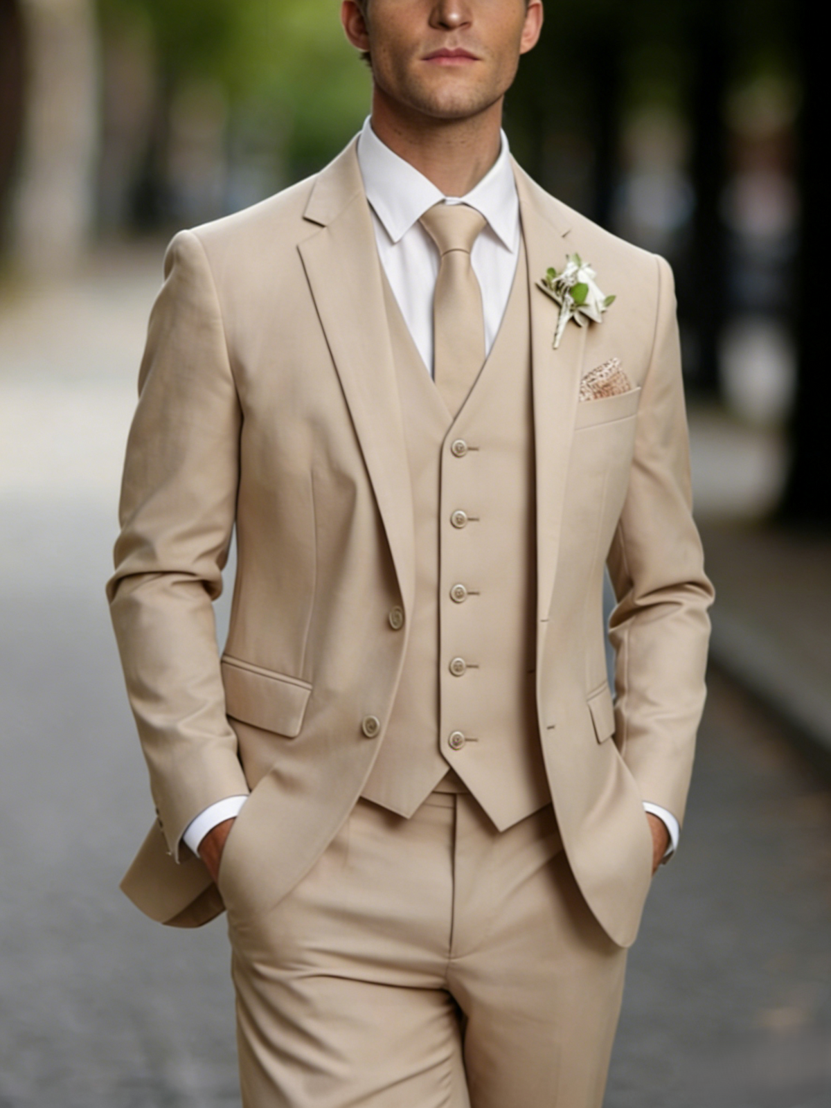 Men's Tailored Fit Single Breasted Two-buttons 3 Pieces Solid Colored Wedding Suits