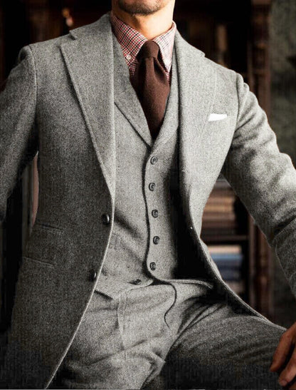 Men's Tailored Fit Single Breasted Two-buttons 3 Pieces Solid Colored Wedding Tweed Suits