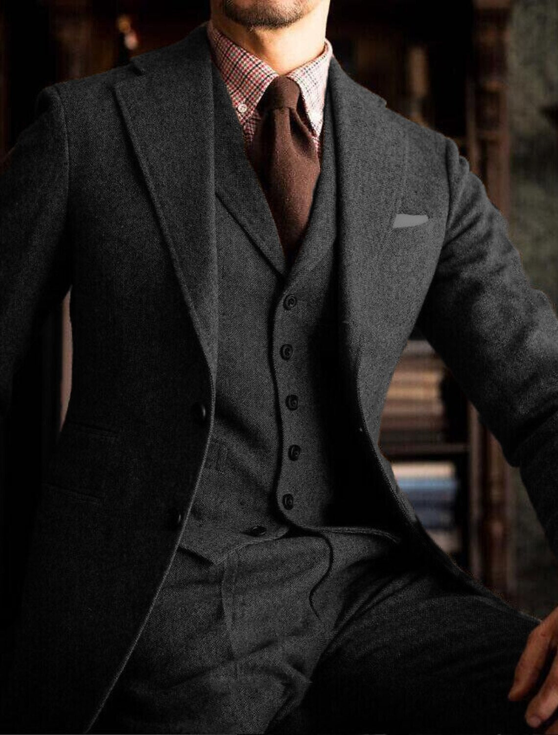 Men's Tailored Fit Single Breasted Two-buttons 3 Pieces Solid Colored Wedding Tweed Suits
