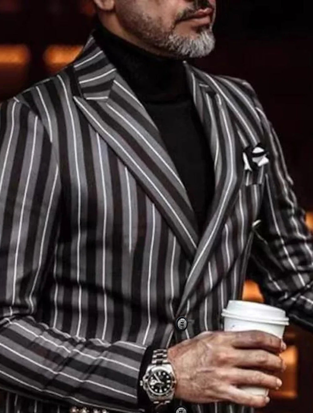 Men's Tailored Fit Double Breasted Four-buttons Striped Casual Jacket