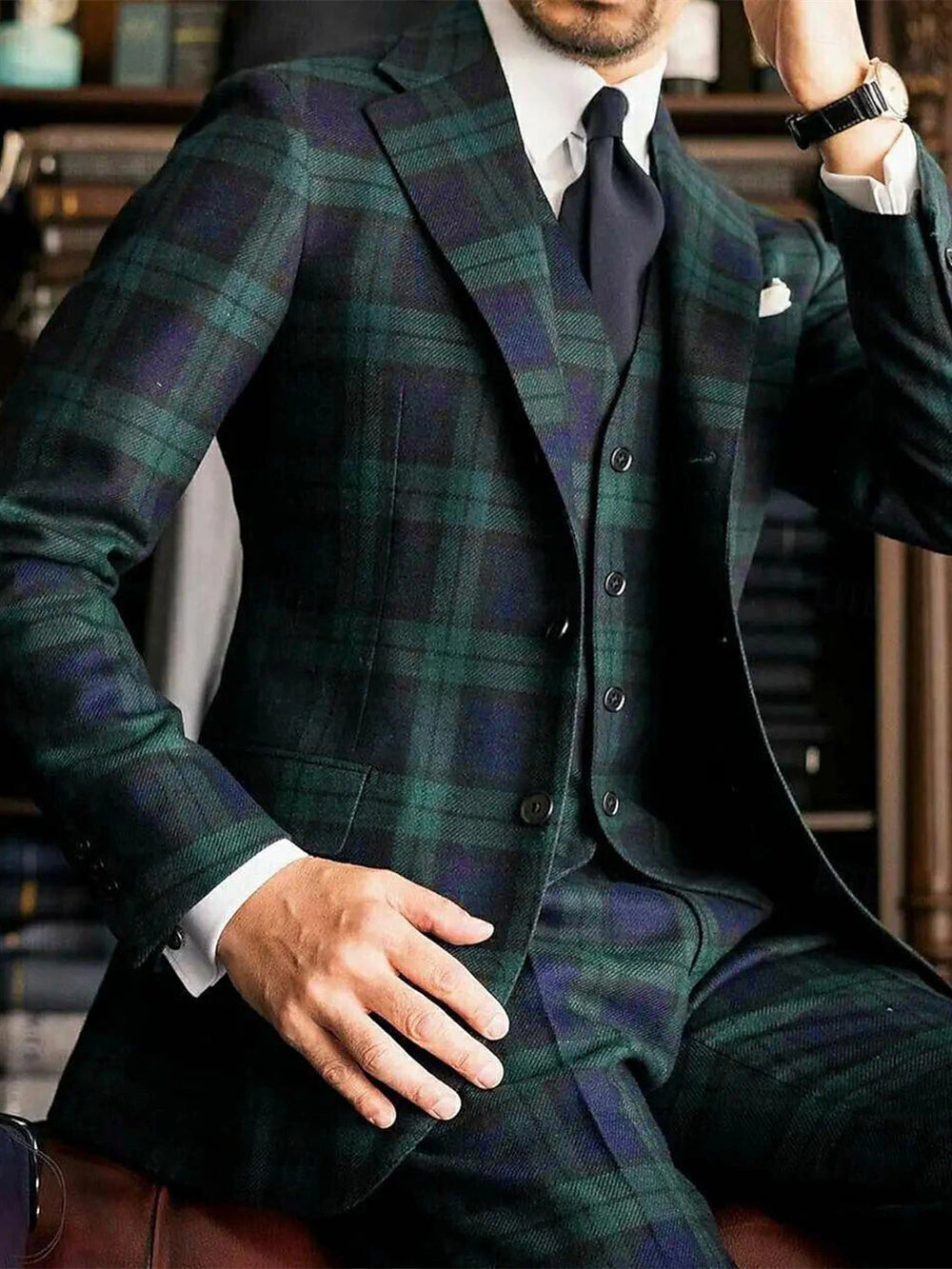Dark Green Men's Tailored Prom Suits Fit Single Breasted Two-buttons 3 Piece Plaid Wedding Suits